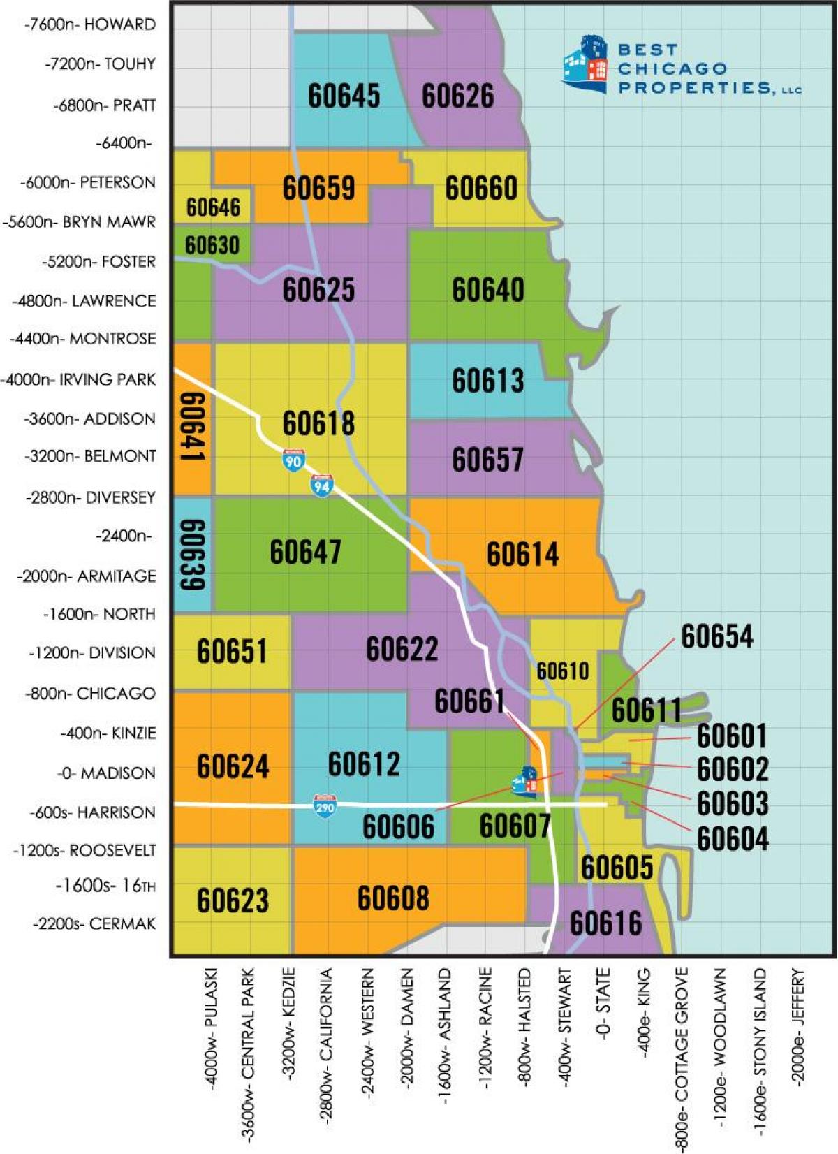 Chicago area, zip code térkép