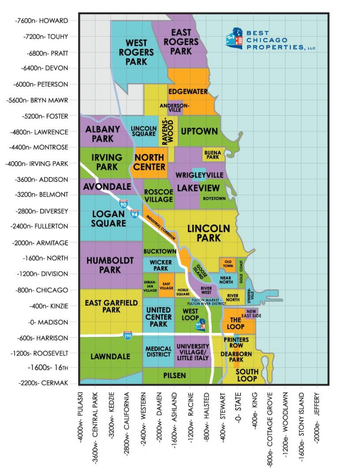 a városrészek, a Chicago térkép