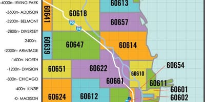 Chicago area, zip code térkép